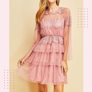 Elegant Pink Lace Tiered Dress